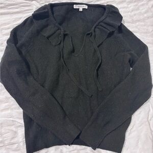Madewell Womens S Tie-Neck Ruffle Pullover Sweater Ribbed Wool Alpaca Black